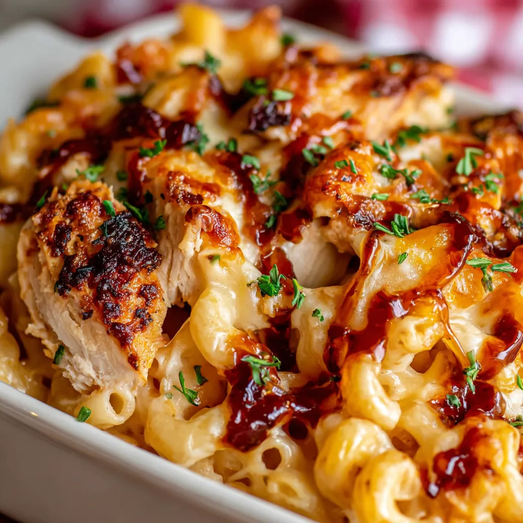 BBQ chicken mac and cheese is showcased in a mouthwatering image that highlights its creamy texture and cheesy goodness.