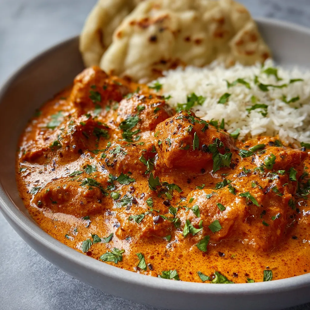 Second step in making quick and easy homemade butter chicken involves adding spices and tomato sauce to the pan.