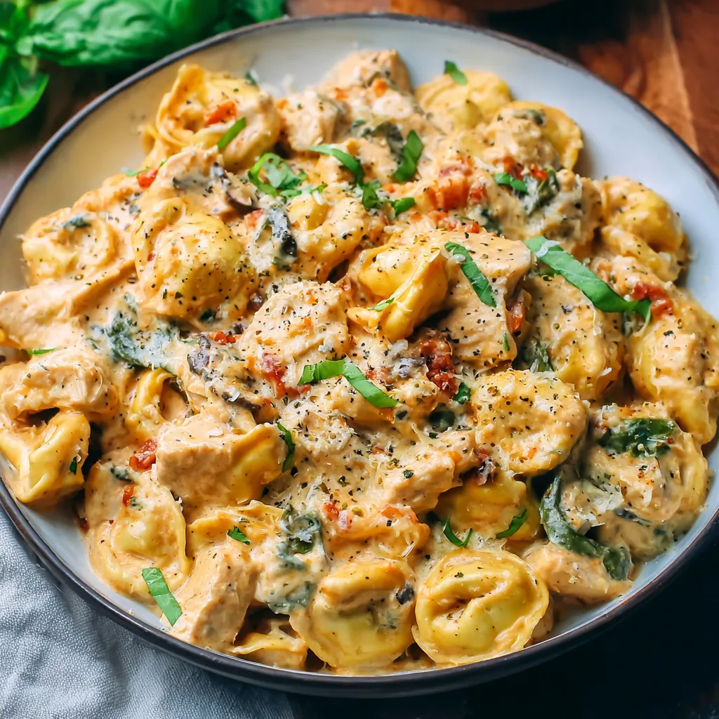 Creamy Easy CrockPot Chicken Tortellini is shown finished and ready to serve, a comforting and flavorful weeknight meal.