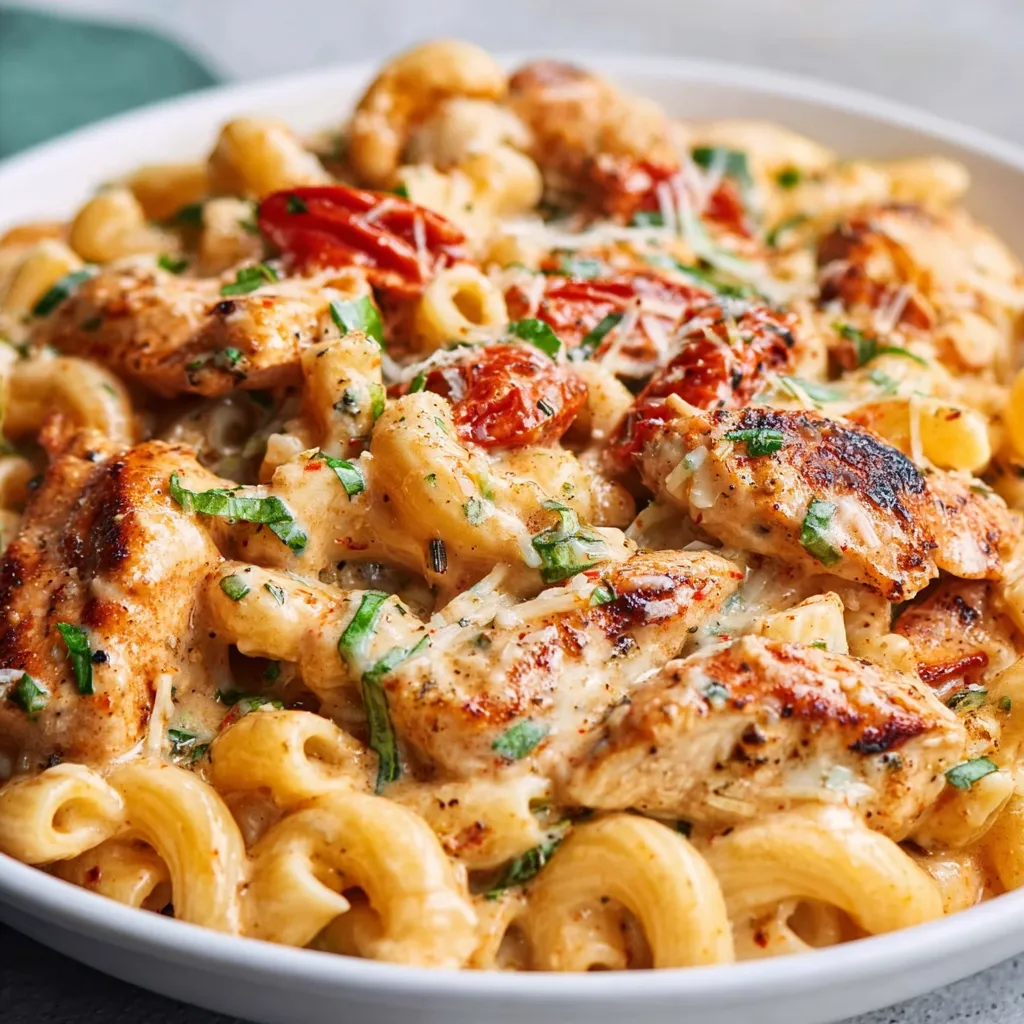 Easy Italian chicken mozzarella pasta recipe second content image showcasing the finished dish with juicy chicken, melted mozzarella, and vibrant tomato sauce.