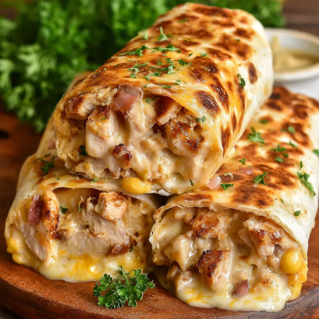 Close-up of a cheesy garlic chicken wrap, highlighting the melted cheese and flavorful filling as part of a recipe for easy cheesy garlic chicken wraps.