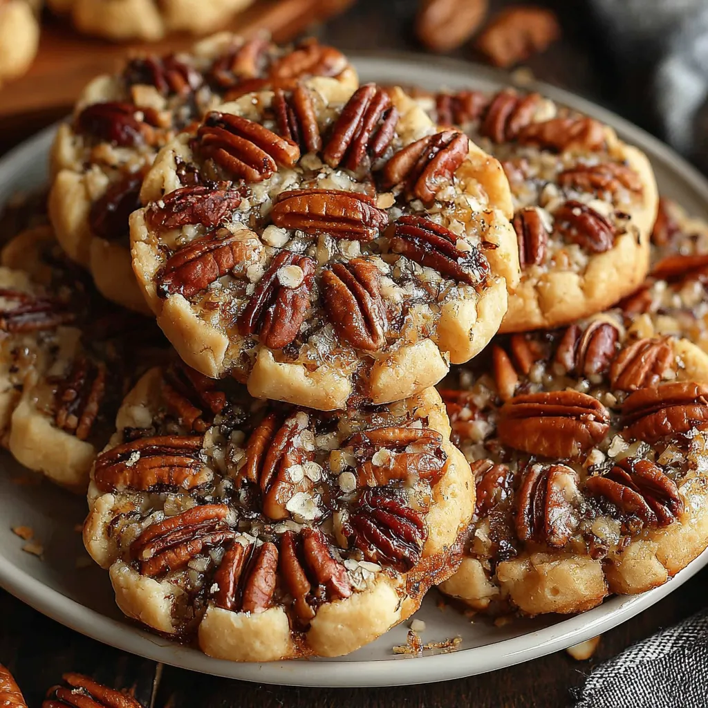 Easy pecan pie cookies dessert recipe image shows close-up view of freshly baked cookies with pecan halves on top, perfect for a simple fall treat.