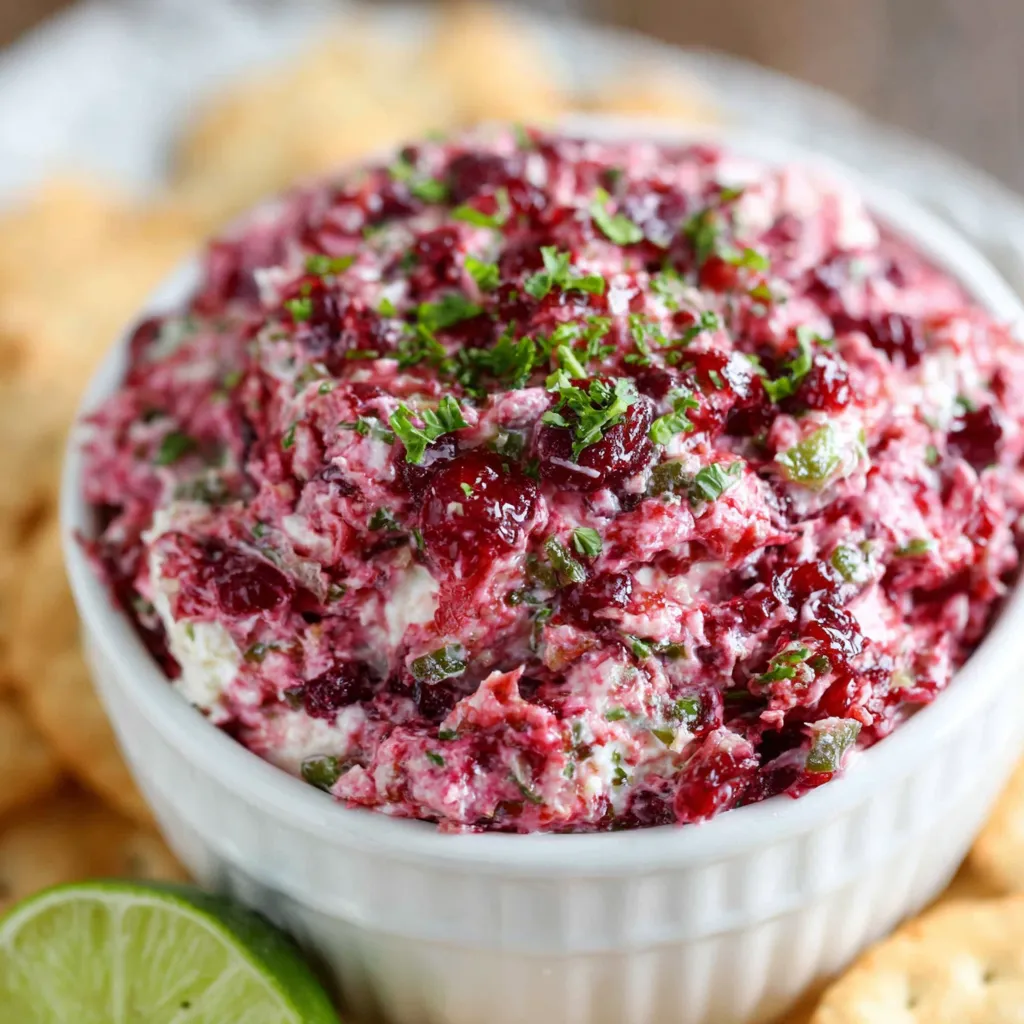 Spicy Christmas Cranberry Jalapeno Dip features a close-up view of the vibrant red dip with visible cranberry pieces and jalapeno slices, ready to be served.