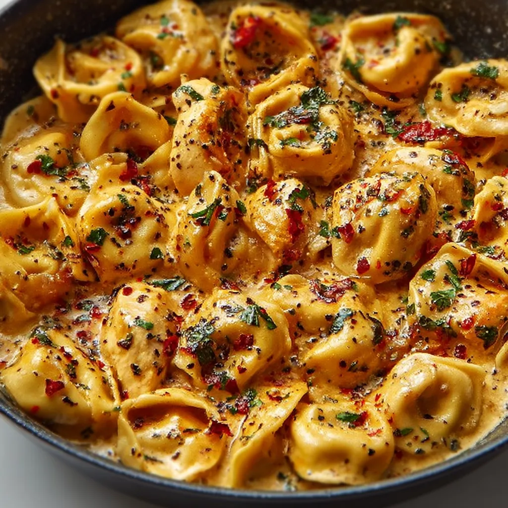 Close-up view of the finished one-pot spicy garlic butter chicken tortellini, showcasing the creamy sauce, tender chicken, and vibrant spices.