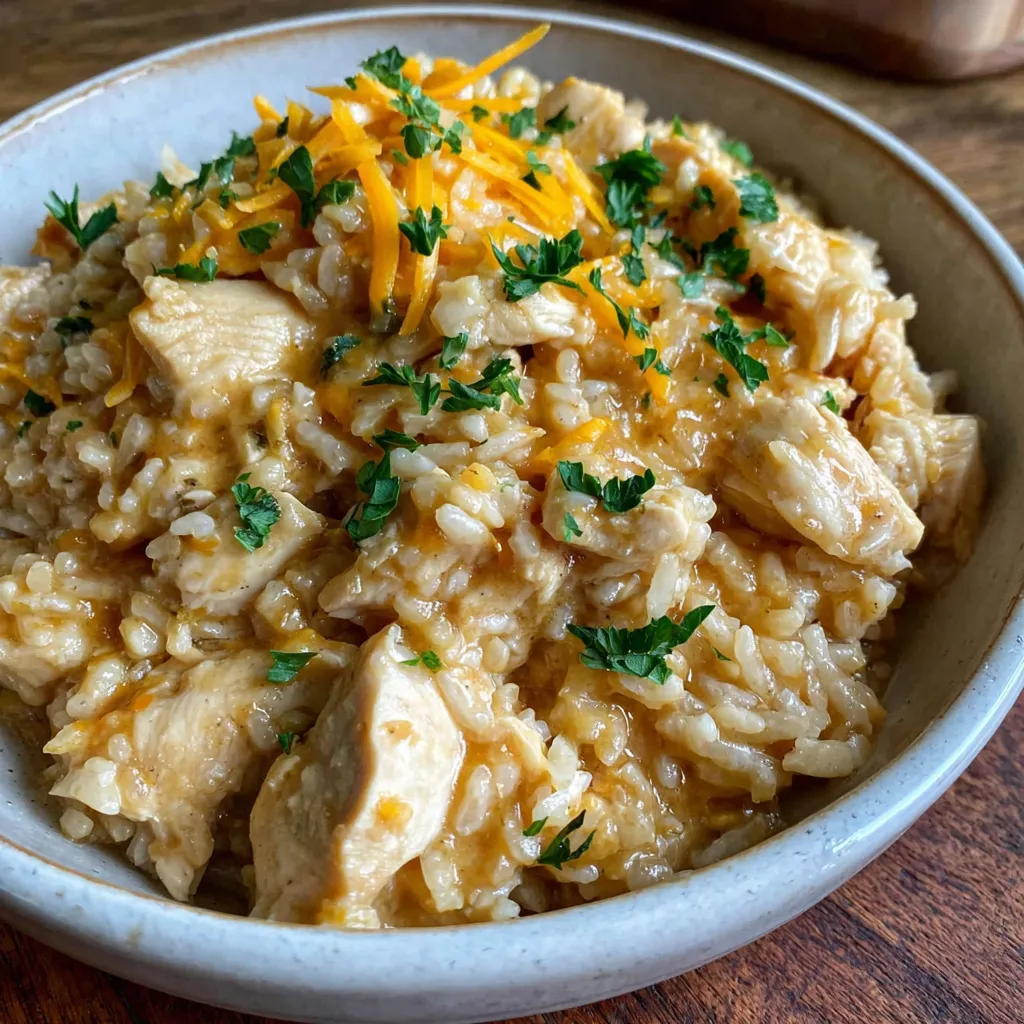 Easy crockpot chicken and rice recipe second image shows the finished dish in a serving bowl ready to eat.