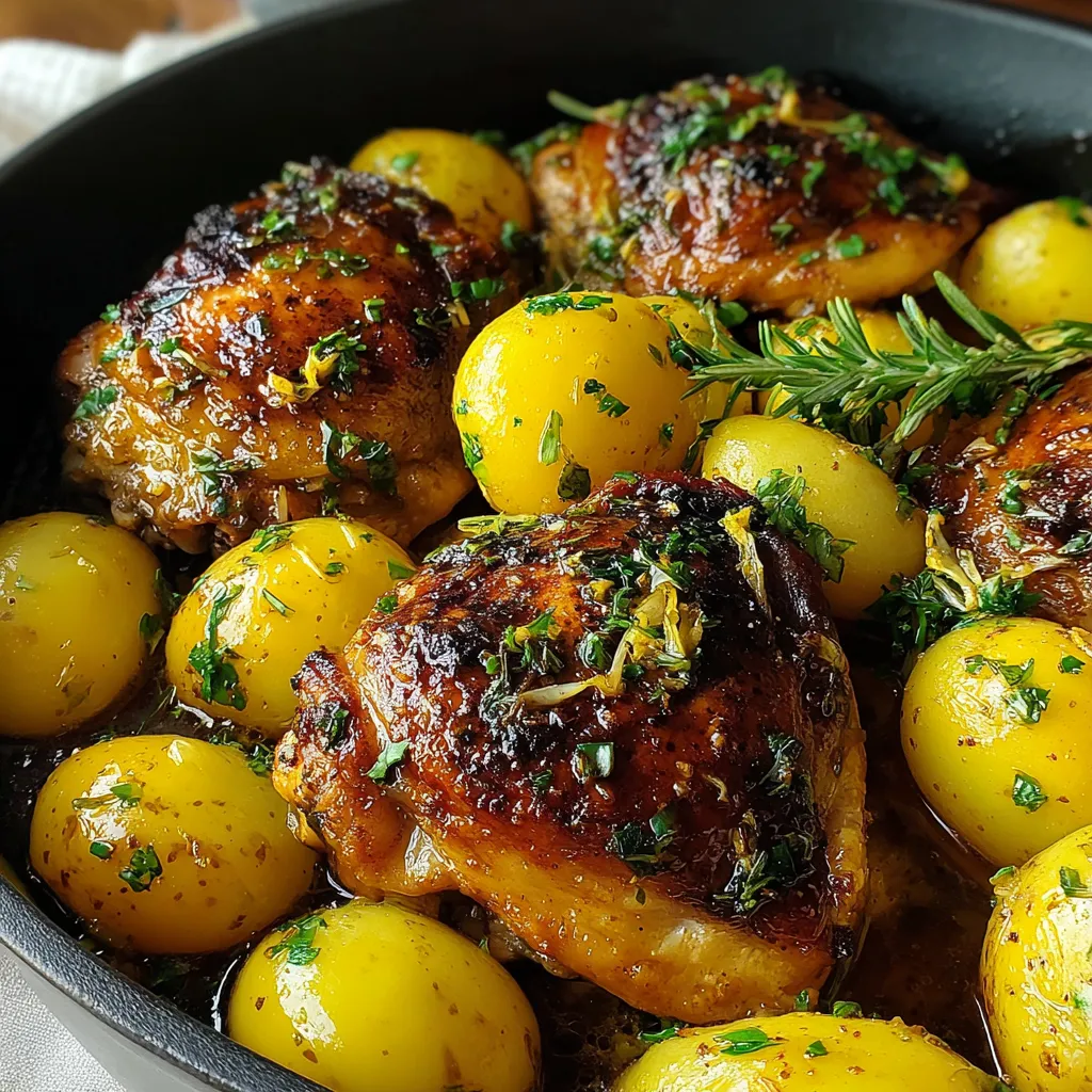 Crispy chicken thighs and golden potatoes are shown baked to perfection in a single pan, highlighting the recipe's ease and deliciousness.
