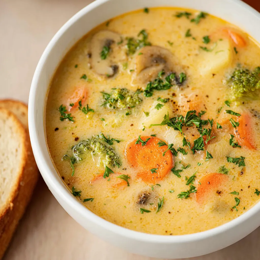 Easy creamy vegetable soup is shown in a close-up image, highlighting its smooth texture and colorful vegetables.