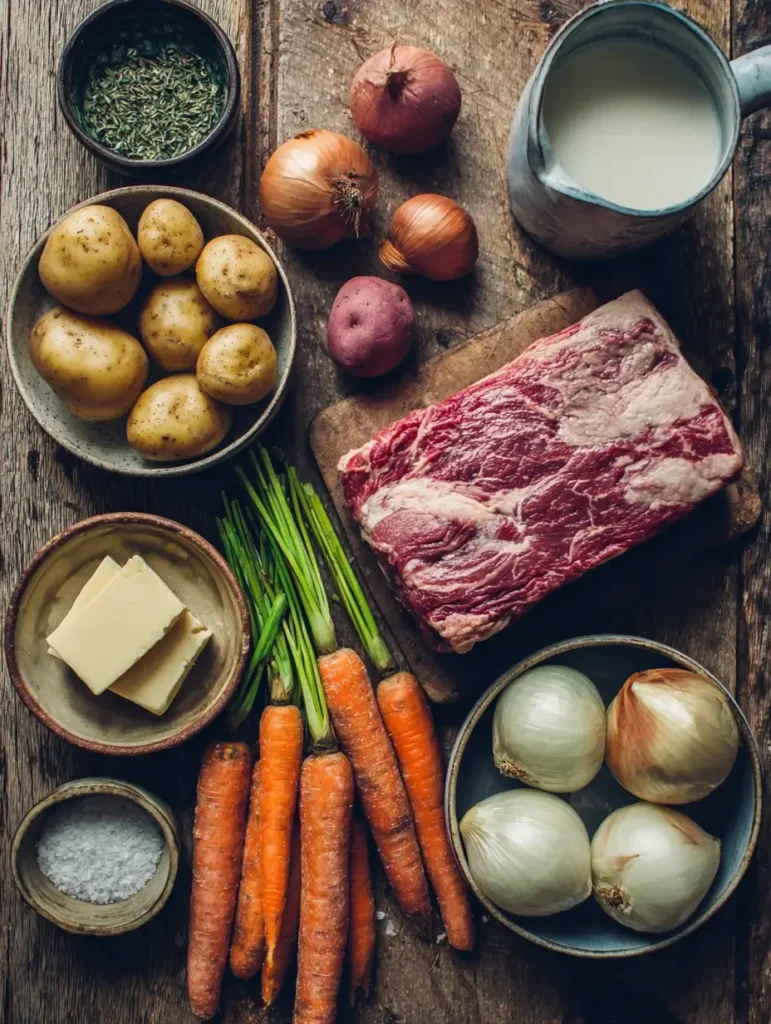 Ingredients for pot roast with mashed potatoes flat lay.